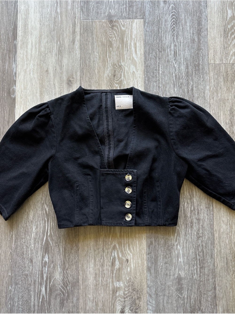 ASOS Black Denim Structured Pleated Button Puff Sleeve Crop Top Size 2